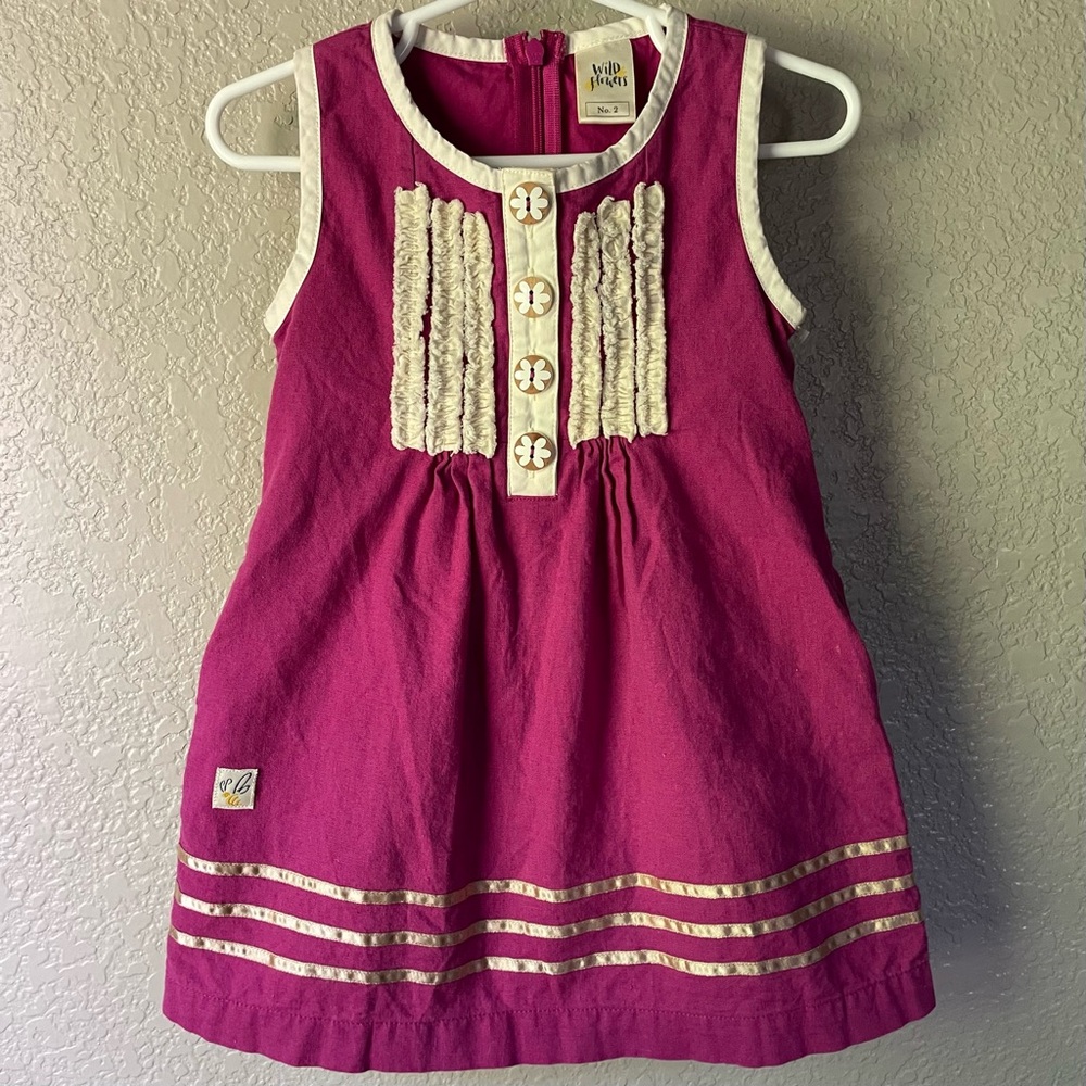 Wildflowers Little Girl 2 Sleeveless Linen Cotton Fuchsia Dress Boho Summer Art